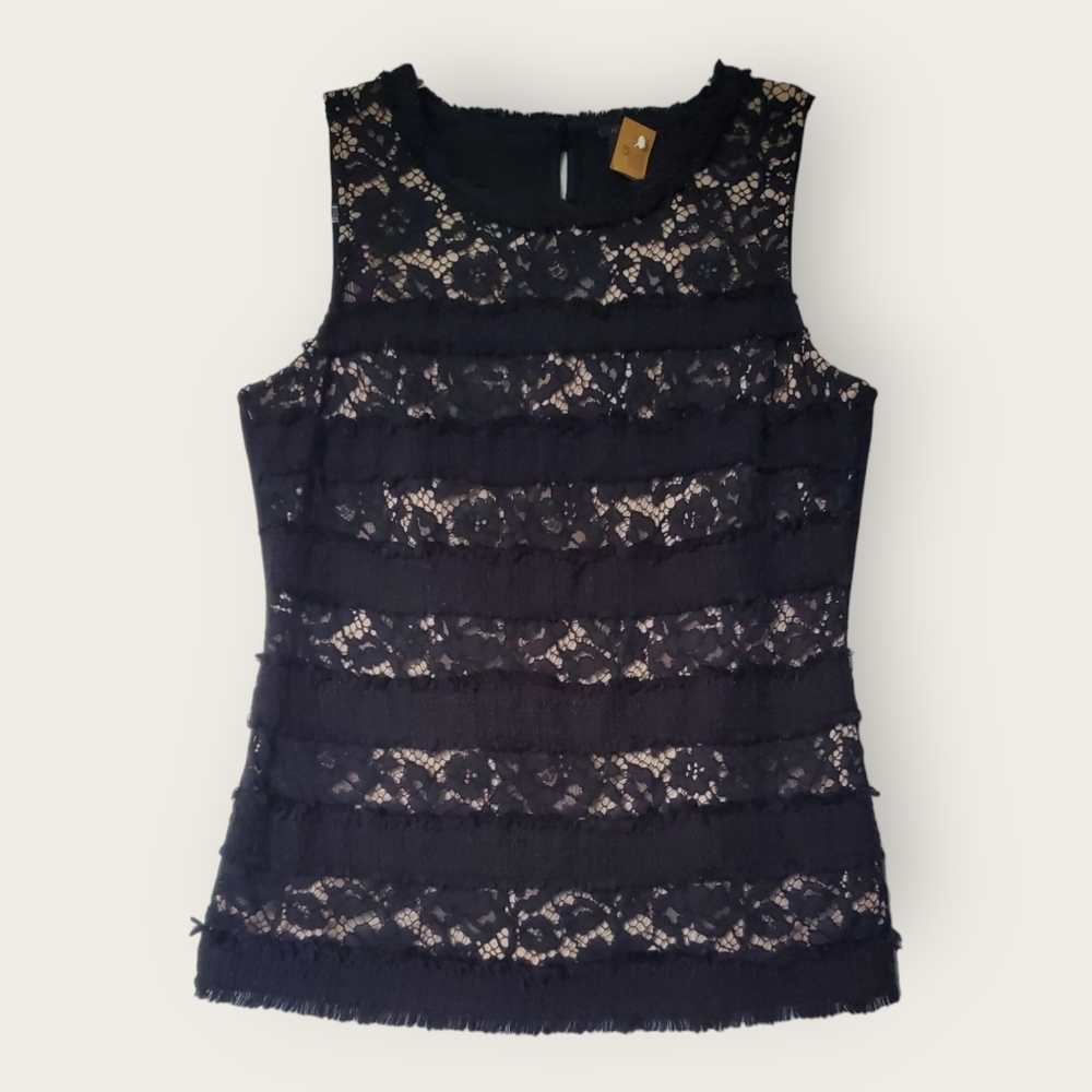 J.Crew Women’s Black Beige Lace Stripe Sleeveless Tank Top Blouse Small EUC